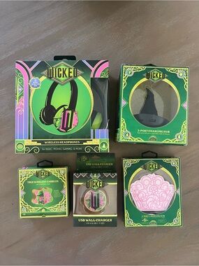 Wicked Green & Pink Wireless Headphones and Charging Accessory Bundle
